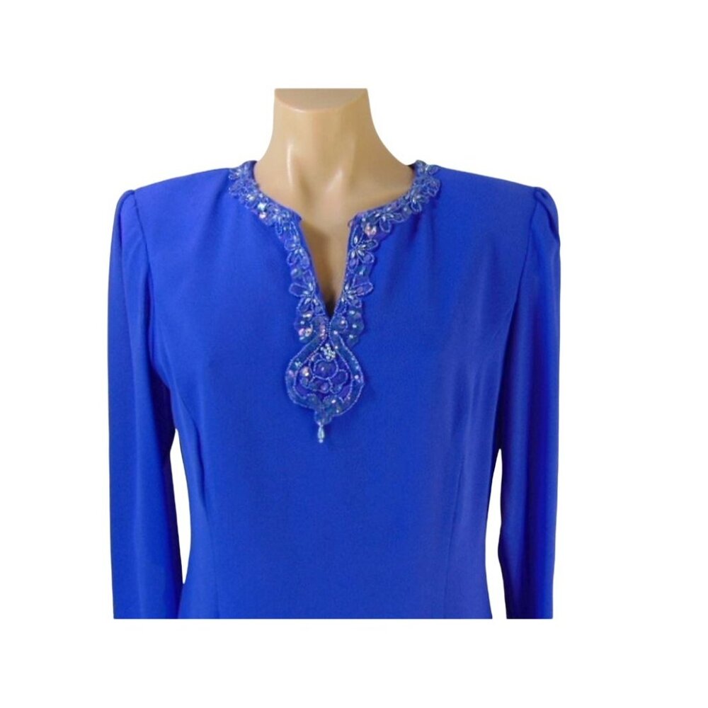 Ursula Switzerland Purple Sequin Dress 10 Fitted L/S Beaded Scarf Hem MoB Bride - Picture 2 of 9